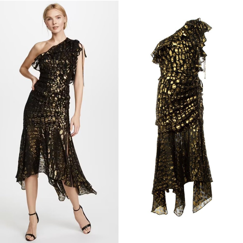 Veronica Beard Leighton One Shoulder Dress in Black Gold Leopard 2